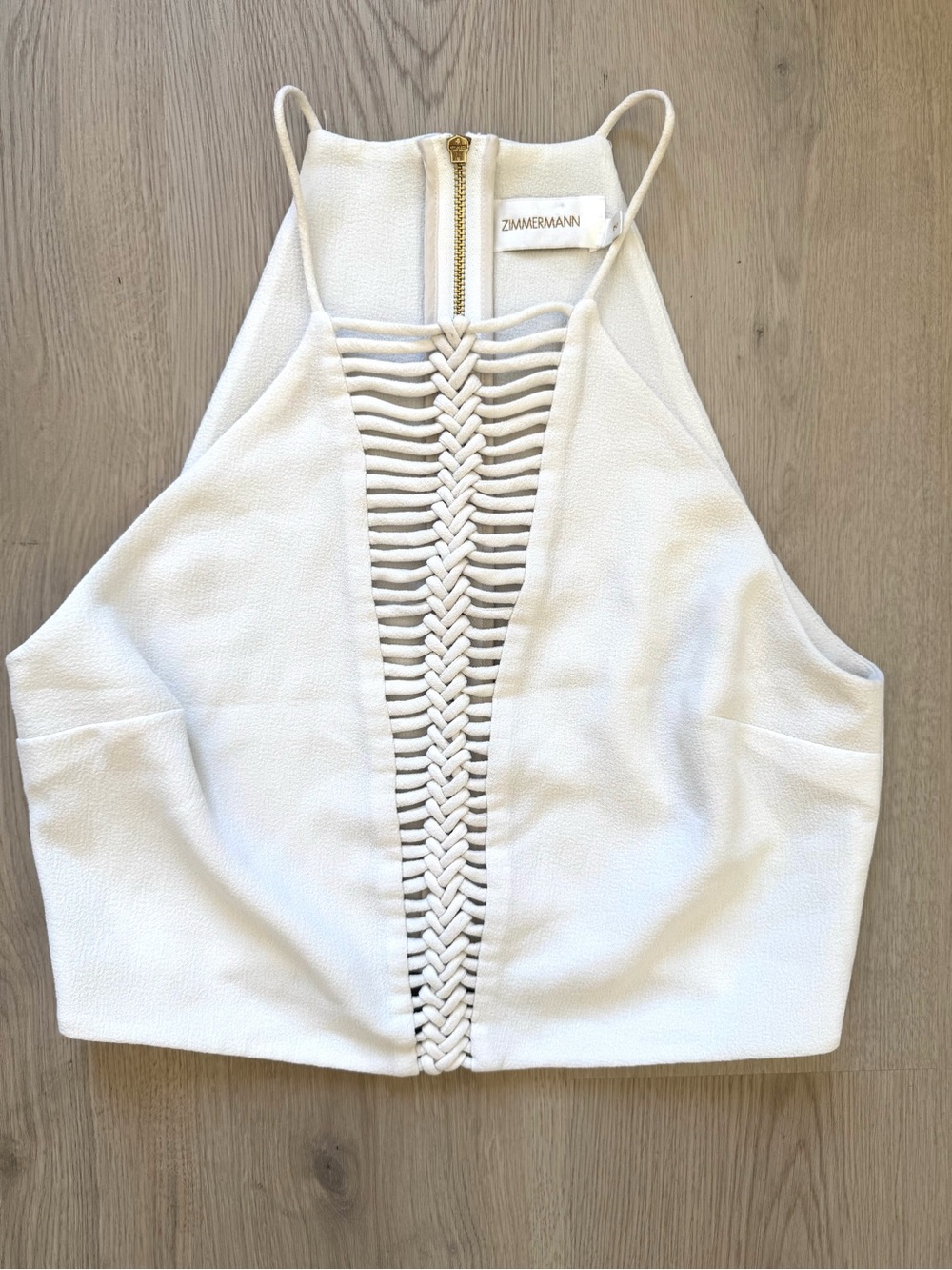 Zimmermann Cream Braided-Front Halter Crop Top